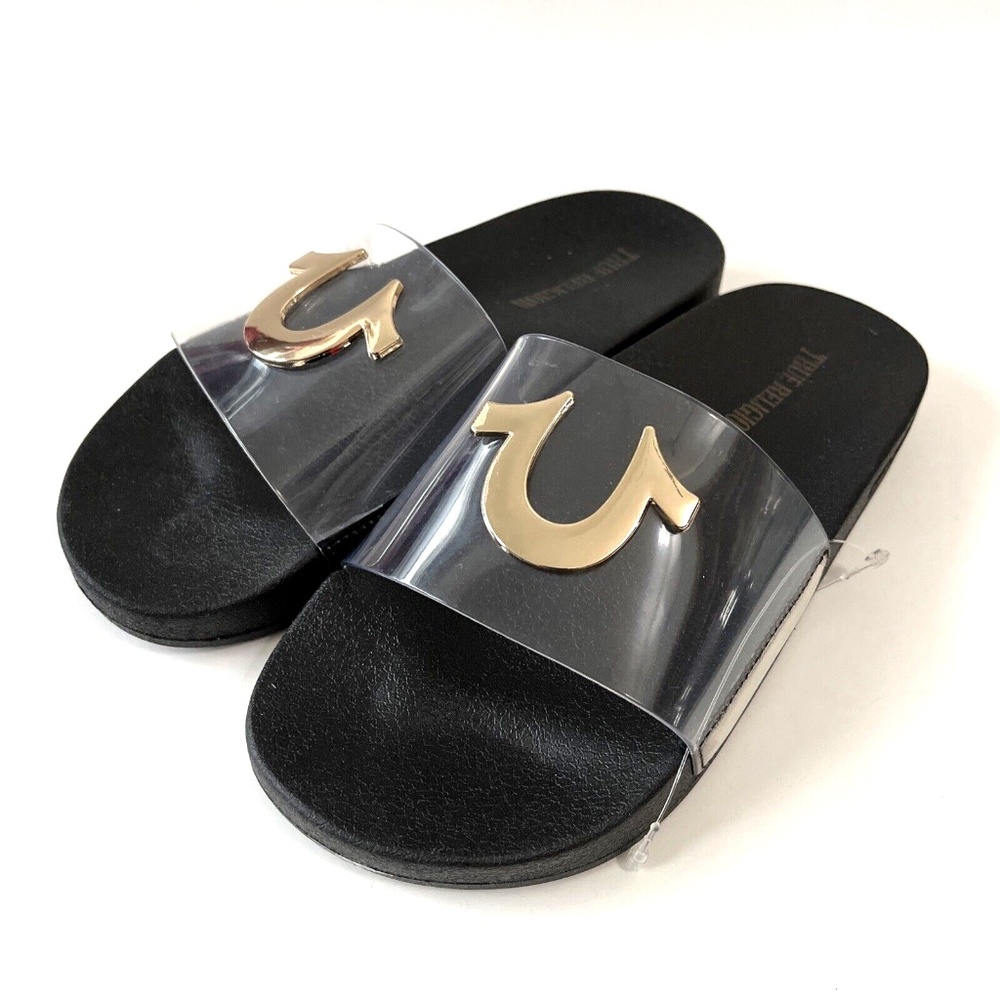 NWOB True Religion Elle Clear Slide Sandals Black Gold Logo